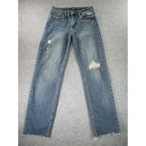 Judy Blue Jeans Womens 7/28‎ Dad Jean Distressed Blue Raw Hem Straight